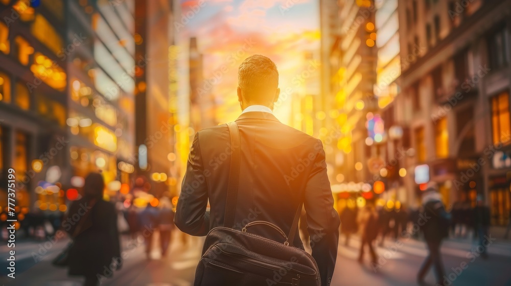 Business man with his back to the camera walking through the streets of a large city with buildings.