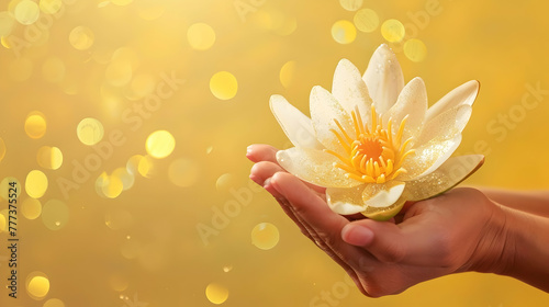 close-up of a white lotus in female hands on a yellow background with glitter and copy space