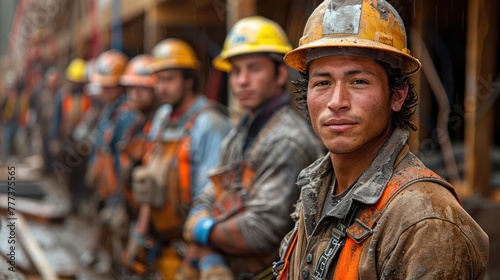 A group of construction workers wearing orange vests and hard hats