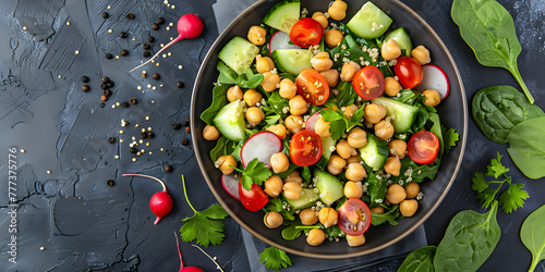 Easy and Quick Mediterranean Vegan Salad Bowl: Fresh Greens, Chickpeas, Quinoa, and Chard for a Gluten Free and High-Fiber Meal
