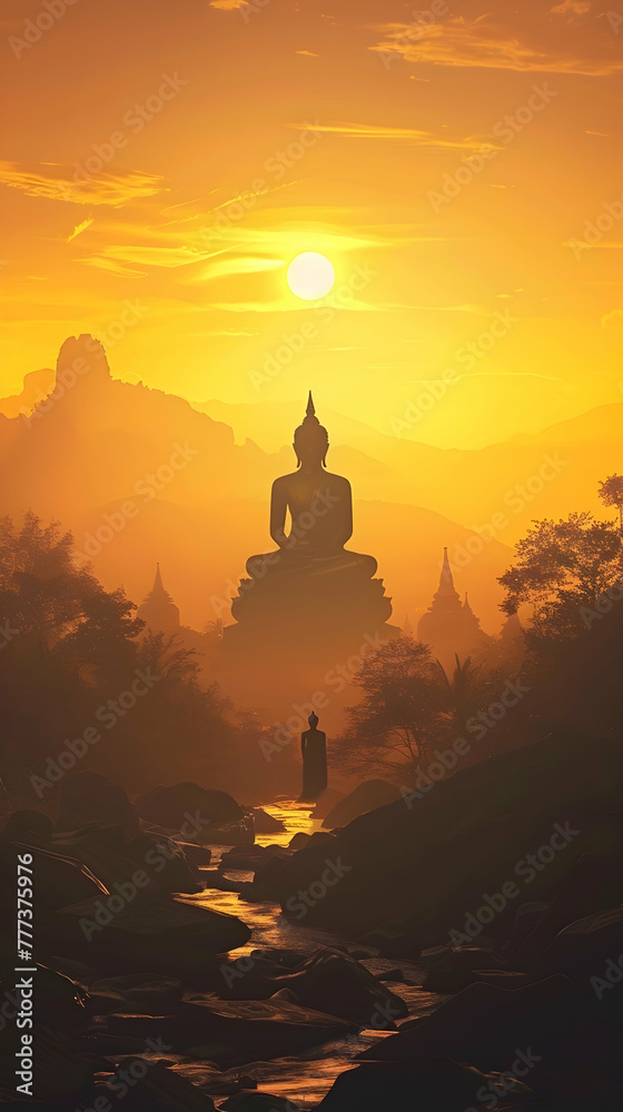 silhouette of buddha against the background of dawn with mine space