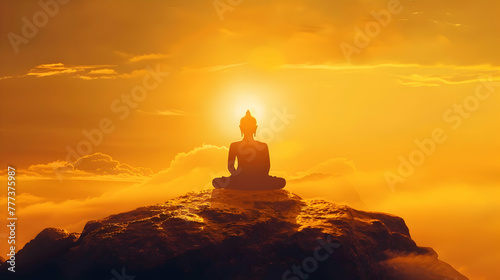  Vesak day banner with copy space, silhouette of buddha against the background of clouds illuminated by the dawn sun with space for text