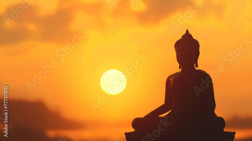 Vesak day banner with copy space, silhouette of buddha against the background of clouds illuminated by the dawn sun with space for text