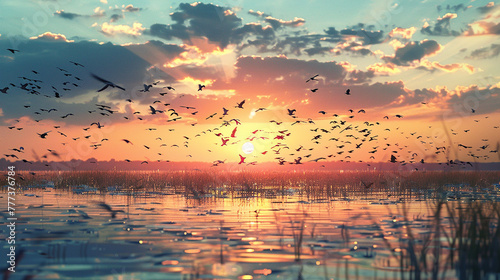 A serene marshland teeming with life, with a kaleidoscope of colorful birds taking flight against the backdrop of the setting sun.
