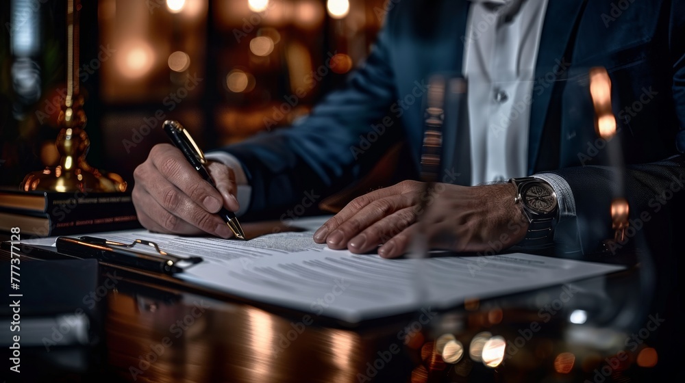 A hand with a pen signs a sheet of paper an important document for signing an agreement, the concept of agreement documents and making deals in business