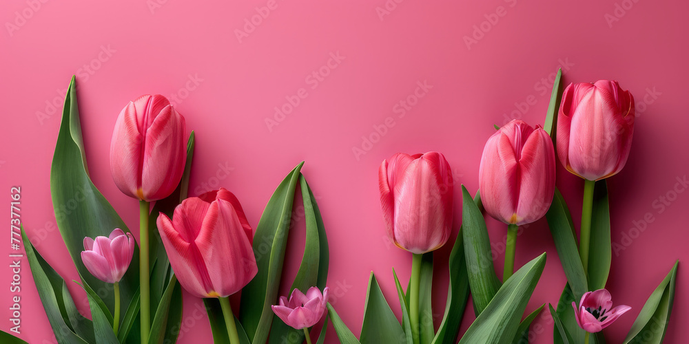 pink tulips on pink background, flat lay banner with copy space for text,Valentine's Day, Happy Women's Day,Mother's Day, birthday, pink tulips on pink background, flat lay banner with copy space for text,Valentine's Day, Happy Women's Day,Mother's Day, birthday,
