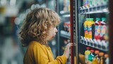 Curious child in yellow top making a choice at a vending machine
