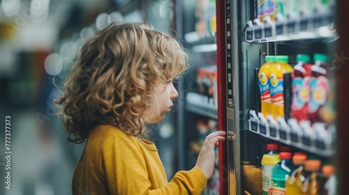 Curious child in yellow top making a choice at a vending machine photo