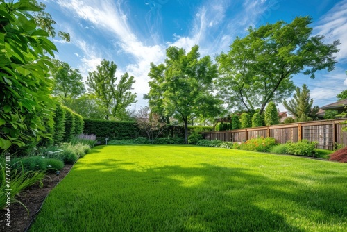 Backyard green grass area surrounded by wooden fence. © MSTSANTA