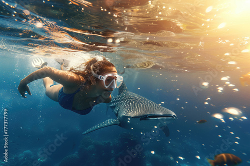 Beautiful young woman snorkeling with giant whale shark in blue ocean