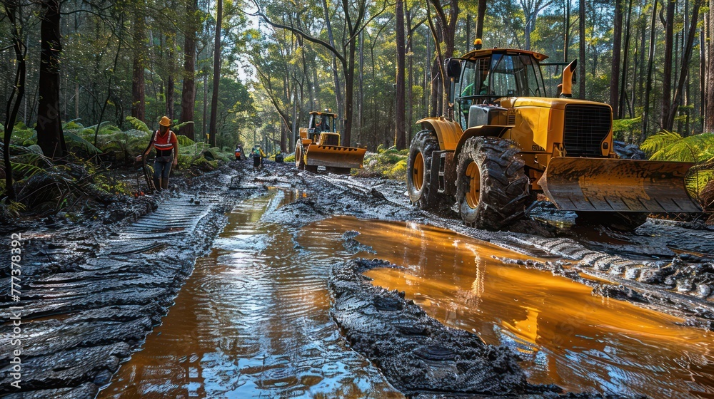 A muddy road with a yellow tractor and a man in an orange vest