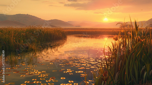 A serene pond surrounded by towering reeds, reflecting the vivid hues of the rising sun in the Serengeti.