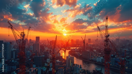 A city skyline with a beautiful orange sunset in the background