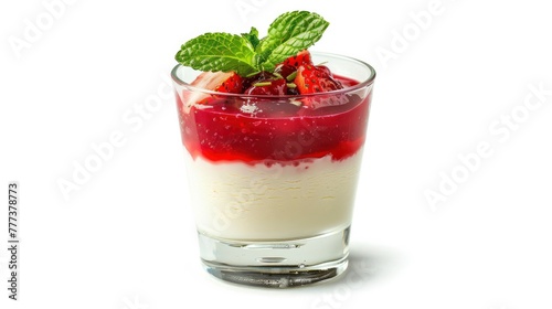 Panna cotta with strawberry compote and mint in glass isolated on white background