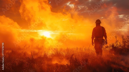 A man in a fireman's outfit walks through a field of smoke