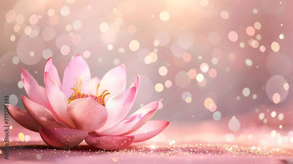 closeup of pink lotus on pink background with glitter and bokeh and copy space closeup of pink lotus on pink background with glitter and bokeh and copy space