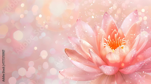 closeup of pink lotus on pink background with glitter and bokeh and copy space
