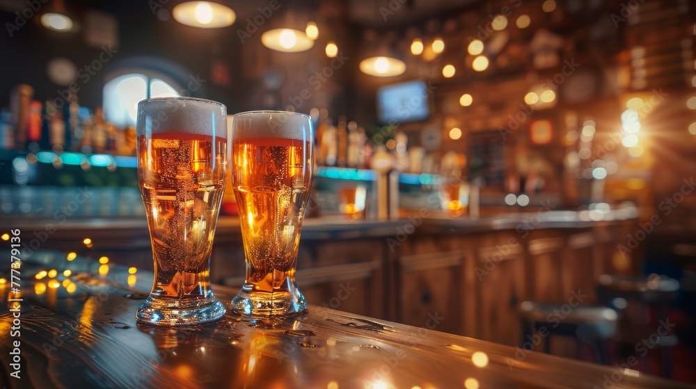 Glasses of beer on the bar counter in a pub or restaurant