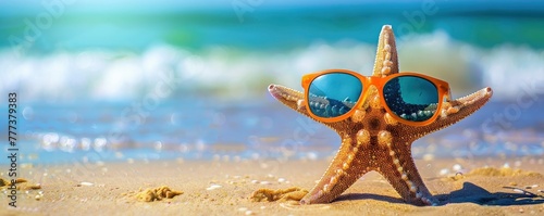 Starfish with sunglasses on the beach, summer background with copy space for text or design. © MSTSANTA