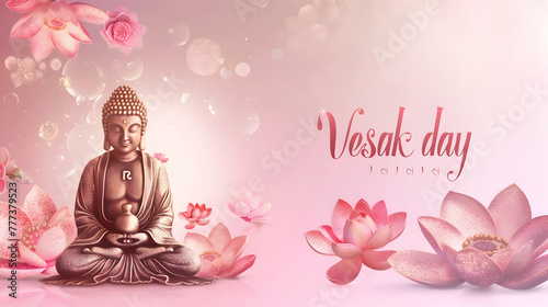 banner for Vesak day with copy space, on a pink background buddha statue and lotuses with place for text photo