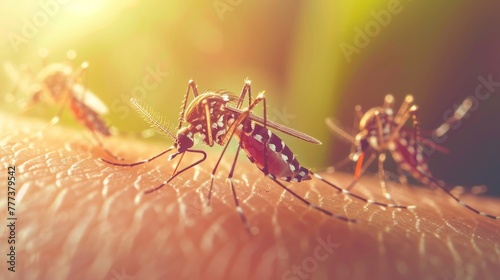 Mosquitoes on the skin. Mosquitoes attack in tropical forests. Insect repellent. Prevention of malaria and dengue fever. © JovialFox