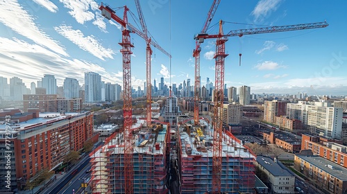 Tower cranes soar overhead, their steel arms reaching out like giant mechanical fingers, shaping the skyline. photo