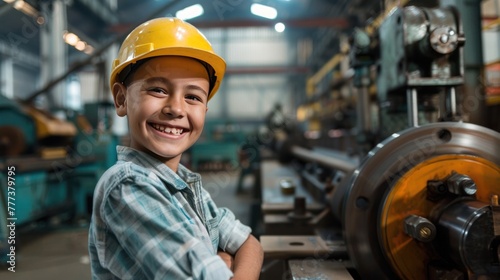 A young boy wearing a safety helmet smiles in an industrial setting with machinery in the background.