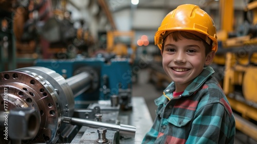 Wallpaper Mural Young boy in safety helmet smiling in industrial setting with machinery in the background. Emphasizes youth interest in manufacturing/engineering. Torontodigital.ca