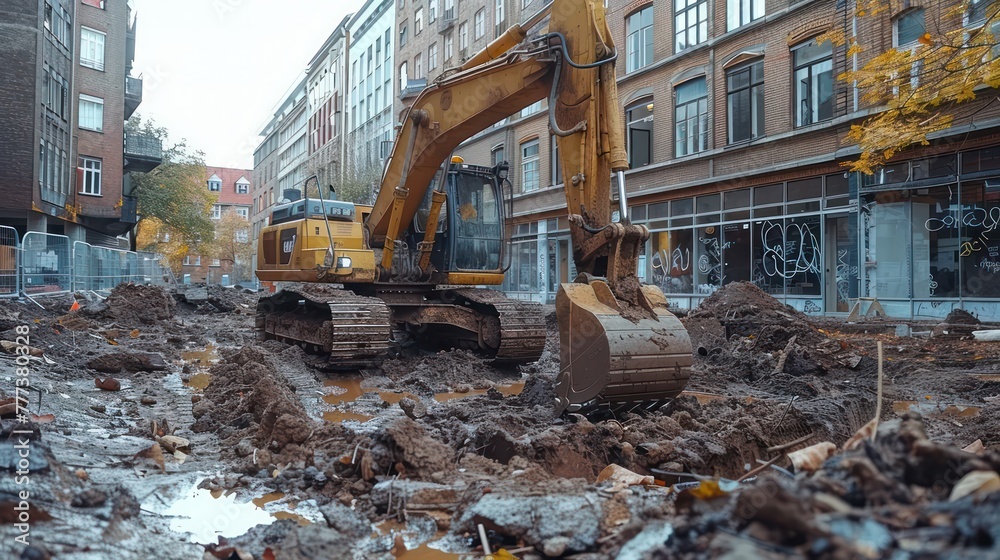 Fototapeta premium A large construction vehicle is digging in a muddy street. The scene is chaotic and dirty, with the vehicle and the surrounding area covered in mud