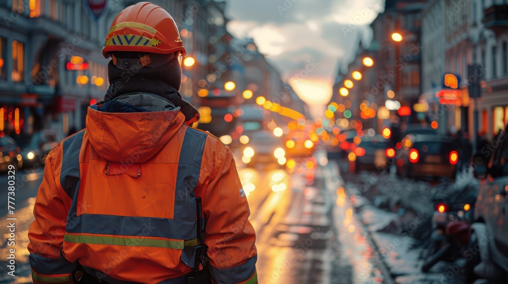A man in an orange safety jacket stands on a wet street