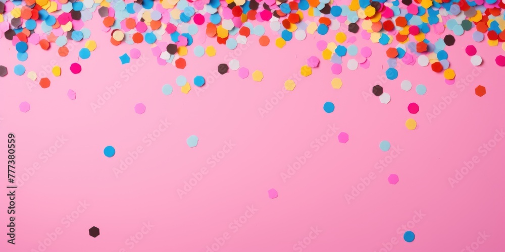 Colorful confetti on pink background. Flat lay composition.