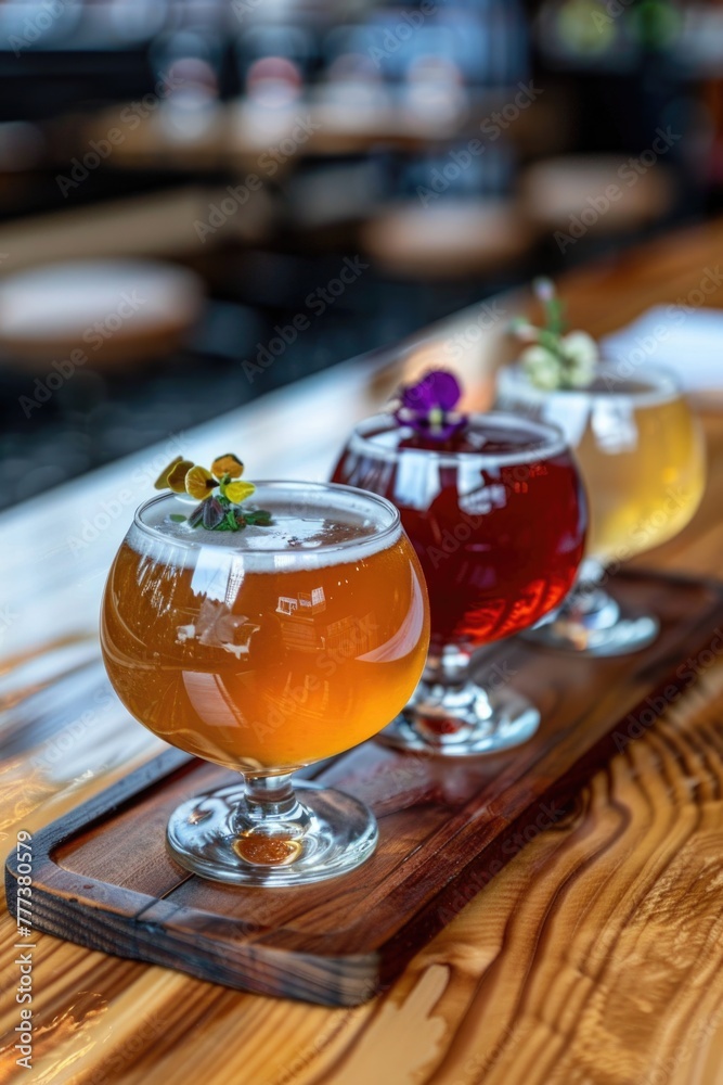 Flight of craft beers on a wooden tasting board. Flight of craft beers on a wooden tasting board.