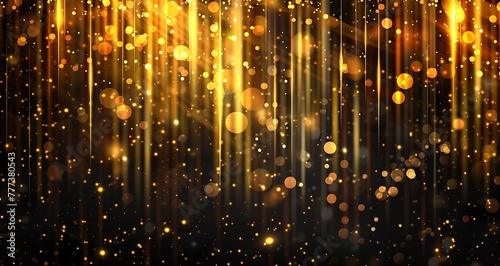 Abstract golden light effect background with glowing vertical lines and bokeh lights on a black background vector illustration design