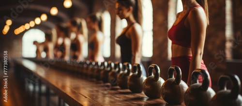 Women in sports equipment standing in a row holding exercise dumbbells in the gym. with kettlebells photo