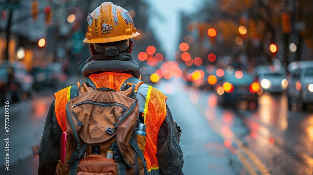 A worker man in an orange safety jacket stands in front of a line of construction vehicles. The scene is set on a wet road, and the man is waiting for something A worker man in an orange safety jacket stands in front of a line of construction vehicles. The scene is set on a wet road, and the man is waiting for something