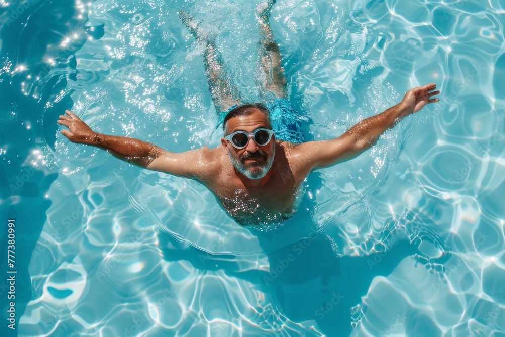 Joyful man with a fuller figure enjoying a sunny day in the swimming pool