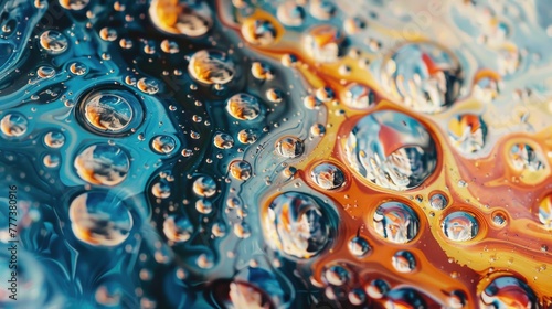 Macro shot of colorful water droplets on glass surface.