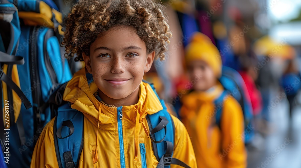 A young boy wearing a yellow jacket Back To School season heralds a fresh start filled A young boy wearing a yellow jacket Back To School season heralds a fresh start filled