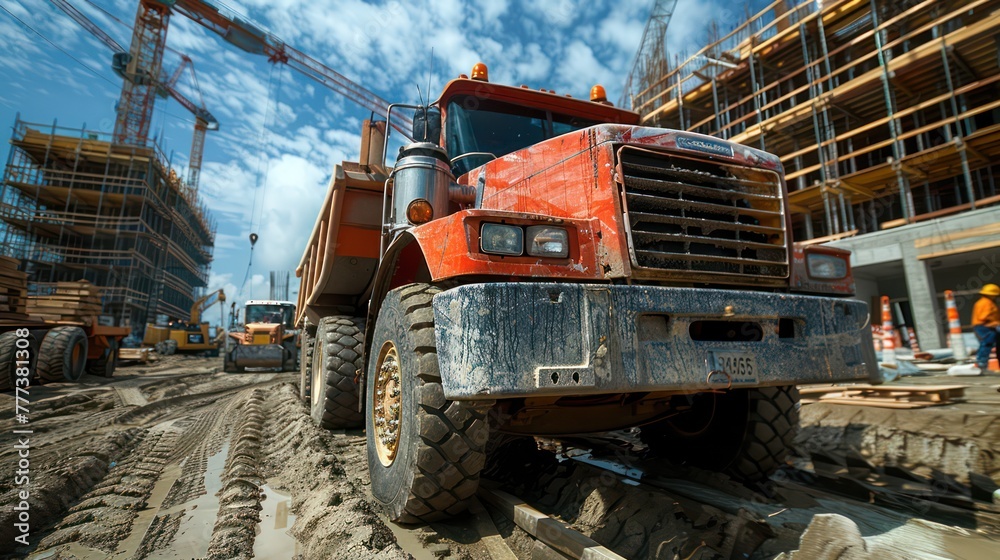 Fototapeta premium A dirty red dump truck is driving through a construction site