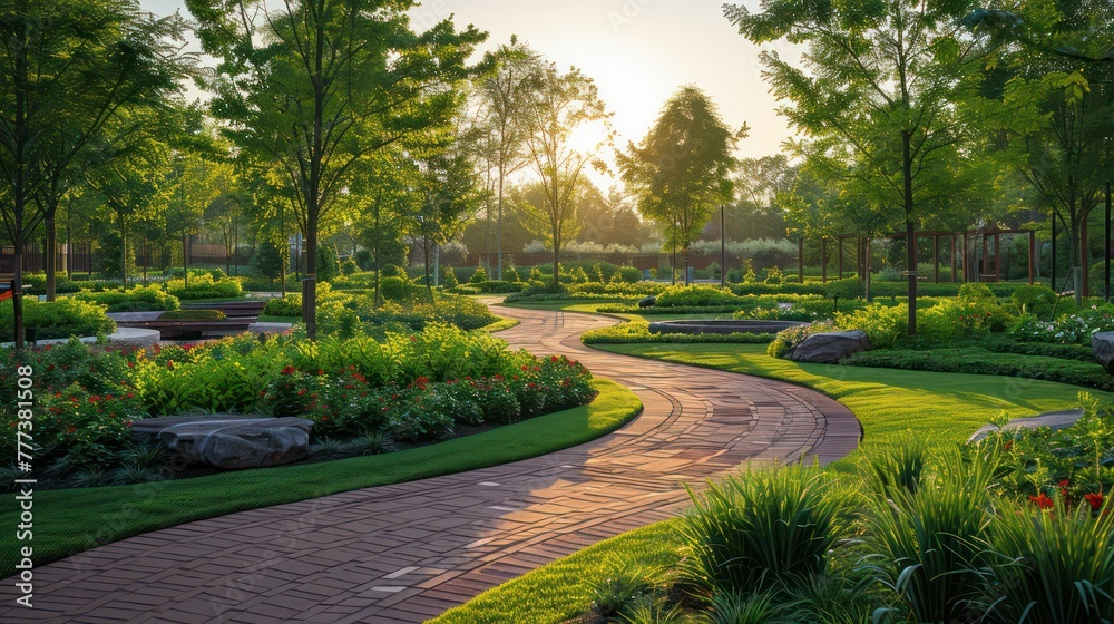 A park with a brick path and trees