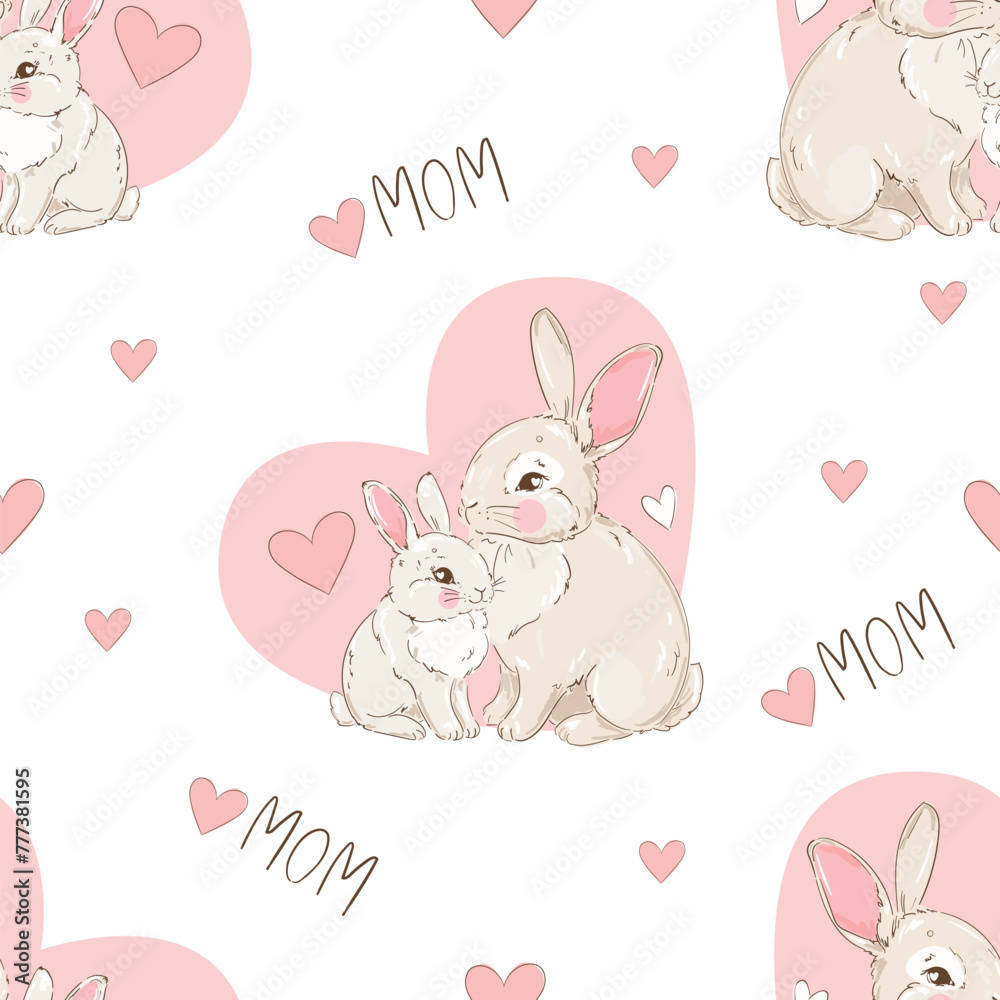 Hand Drawn Cute rabbits, mother and baby vector illustration, Mother day bunnys seamless pattern