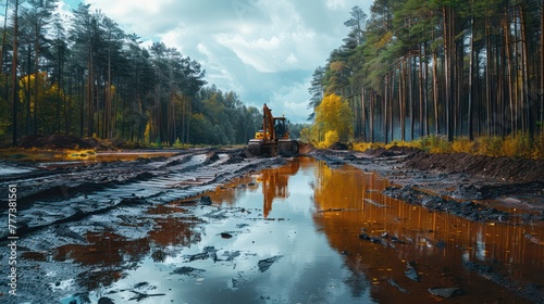 A muddy road with a large construction vehicle driving through it photo