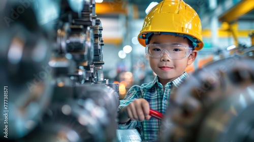 Young child wearing a safety helmet, exploring machinery parts in an industrial setting, symbolizing early education in engineering.