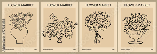 Set of abstract Flower Market posters. Trendy botanical wall arts with floral design in beige and black colors. Modern naive groovy funky interior decorations, paintings. Vector art illustration.