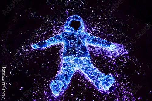 Neon silhouettes of child making snow angel isolated on black background.