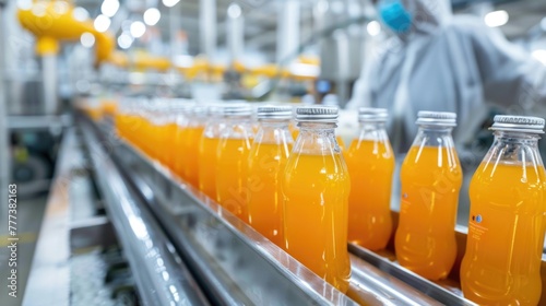 Bottling factory process with orange juice bottles on a conveyor belt.