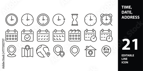TIME - thin line vector icon set. Pixel perfect. Editable stroke. The set contains icons: Time, Clock, Alarm Clock, Hourglass, Stopwatch, Timer, Smart Watch, Time Zone.
