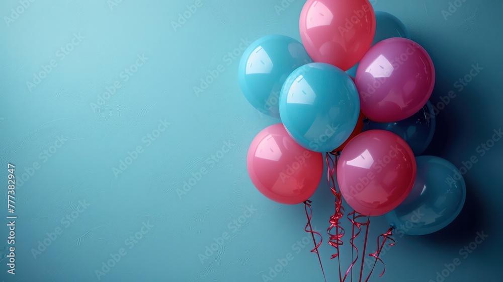 A bunch of balloons in different colors are floating in the air above a blue wal