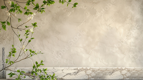 Mockup background for cosmetics in beige tones with marble and branches photo