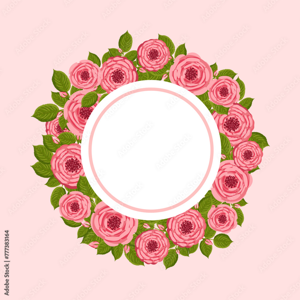 Vector round frame with blooming roses. Floral illustration for postcard, poster, invitation decor etc. Flowers for spring and summer holidays.
